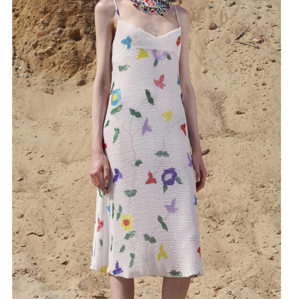 Cynthia Rowley Beaded Floral Slip Midi Dress White